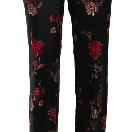 Dolce & Gabbana Floral Print Black Boot Cut Trouser Pants