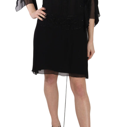 John Richmond Black Sequined Silk Mini Shift Gown