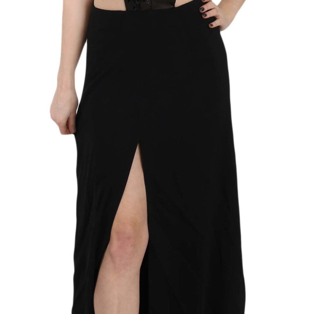 John Richmond Black Crystal Leather Gown Flare Dress