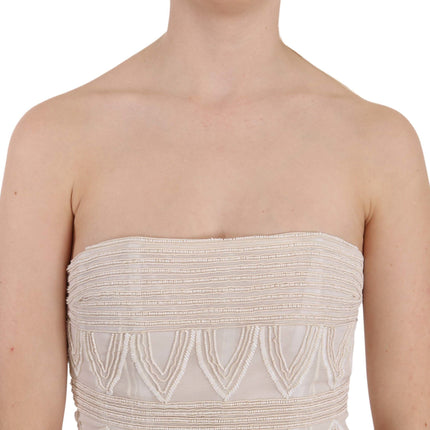 John Richmond Beige Beaded Silk Short Mini Gown  Dress