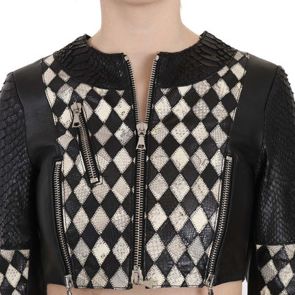 John Richmond Black White Leather Short Cropped Biker Jacket Coat