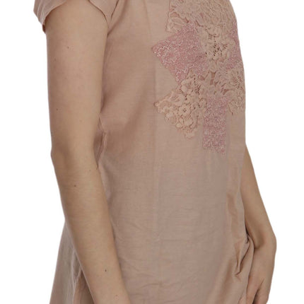 PINK MEMORIES Pink Cream Lace Short Sleeve Shirt Top Cotton Blouse