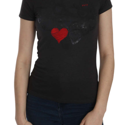 Exte Black Hearts Print Short Sleeve Casual Shirt Top
