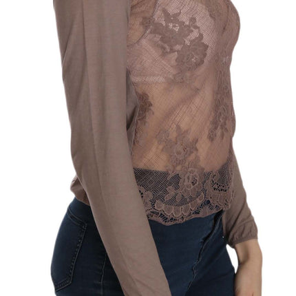 PINK MEMORIES Brown Lace See Through Long Sleeve Top