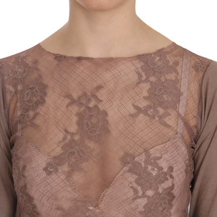 PINK MEMORIES Brown Lace See Through Long Sleeve Top
