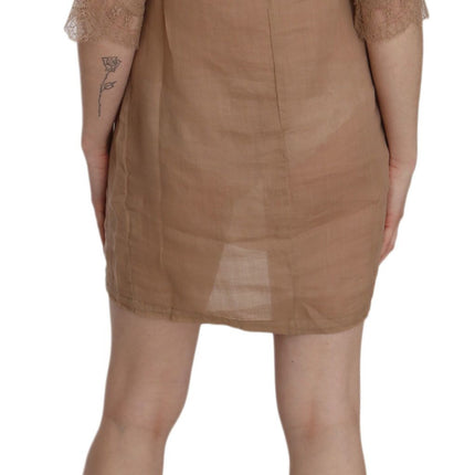 PINK MEMORIES Brown 3/4 Sleeve Crewneck Shift Mini Dress