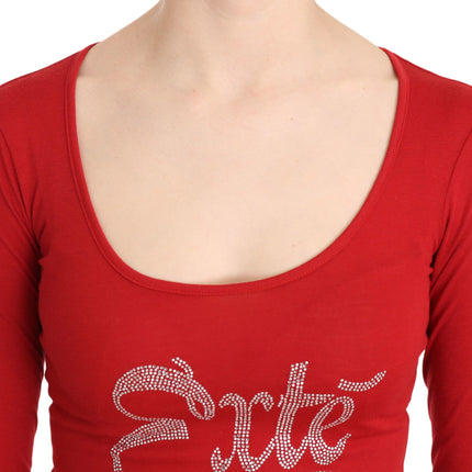 Red Exte Crystal Embellished Long Sleeve Top Blouse