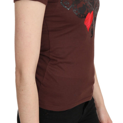 Exte Brown Hearts Printed Round Neck T-shirt Top
