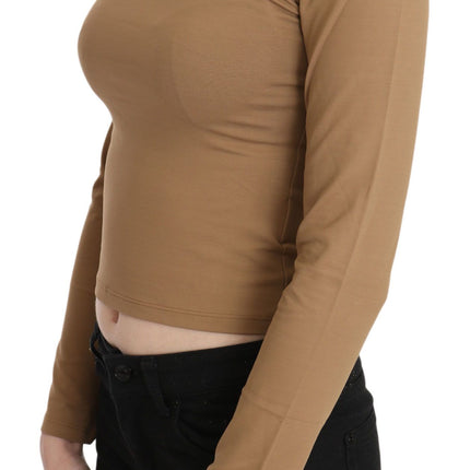 GF Ferre Brown Round Neck Long Sleeve Slim Crop Top Blouse