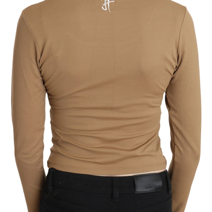 GF Ferre Brown Round Neck Long Sleeve Slim Crop Top Blouse