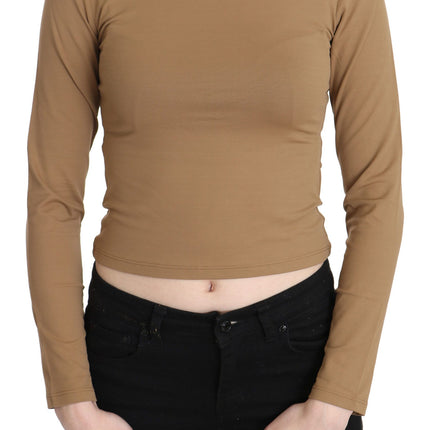 GF Ferre Brown Round Neck Long Sleeve Slim Crop Top Blouse