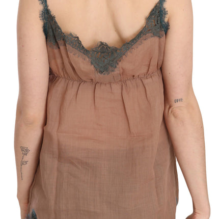 PINK MEMORIES Brown Lace Spaghetti Strap Tank Top Blouse