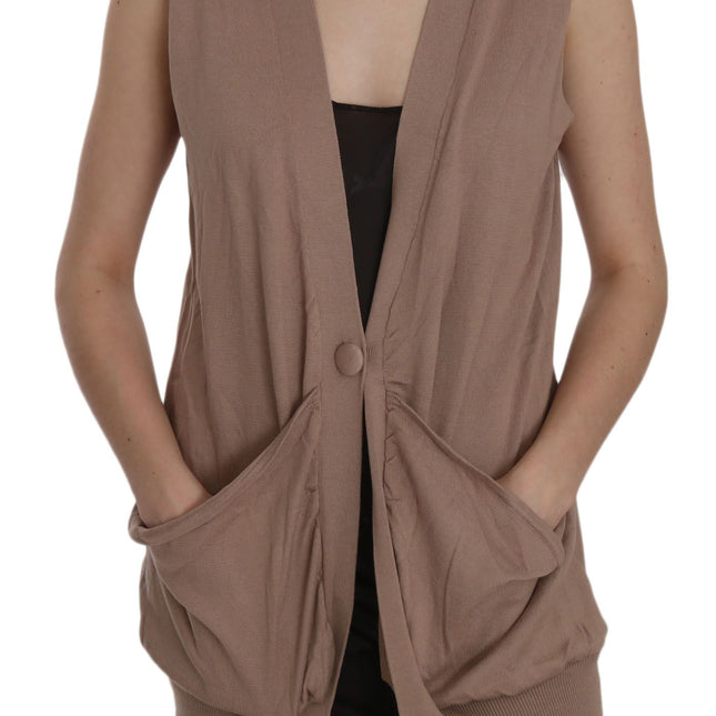 PINK MEMORIES Brown 100% Cotton Sleeveless Cardigan Top Vest