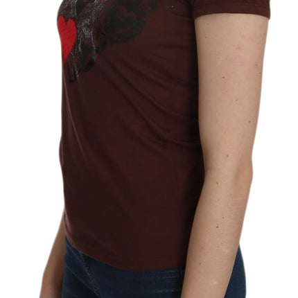 Exte Brown Heart Print Crew Neck T-shirt Short Sleeve Blouse