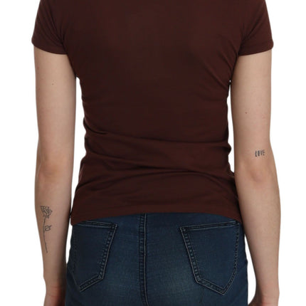 Exte Brown Heart Print Crew Neck T-shirt Short Sleeve Blouse
