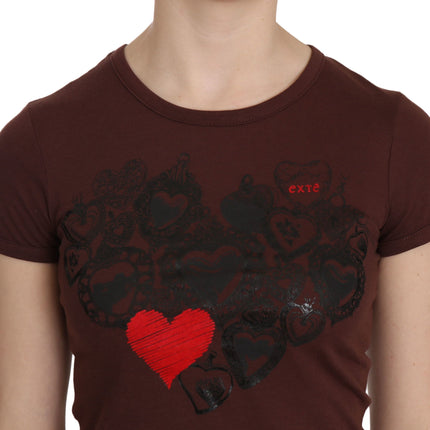 Exte Brown Heart Print Crew Neck T-shirt Short Sleeve Blouse