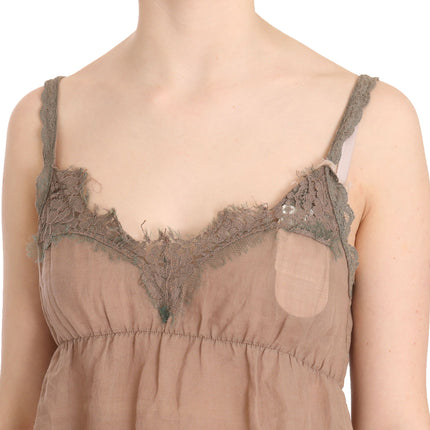 PINK MEMORIES Brown Lace Spaghetti Strap Plunging Top Blouse