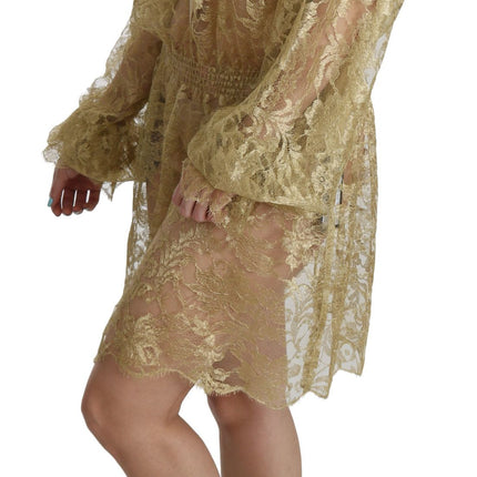 Dolce & Gabbana Gold Lace See Through A-Line Knee Length Dress