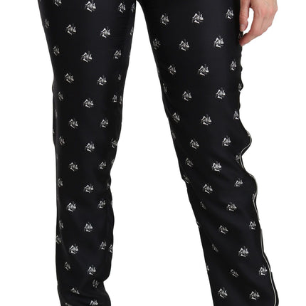 Dolce & Gabbana Black Printed Mid Waist Skinny Silk Pants