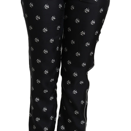 Dolce & Gabbana Black Printed Mid Waist Skinny Silk Pants