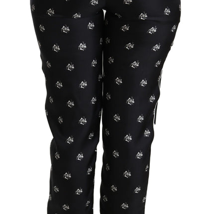 Dolce & Gabbana Black Printed Mid Waist Skinny Silk Pants