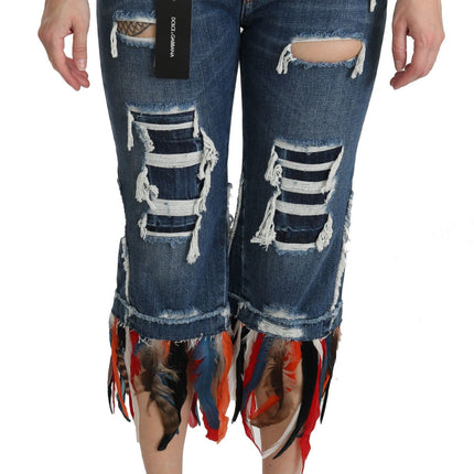 Dolce & Gabbana Blue Feathers Low Waist Cropped Cotton Jeans