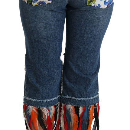 Dolce & Gabbana Blue Feathers Low Waist Cropped Cotton Jeans