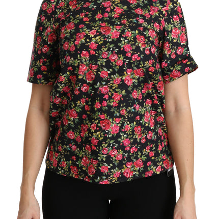 Dolce & Gabbana Black Floral Roses Short Sleeve Top Blouse