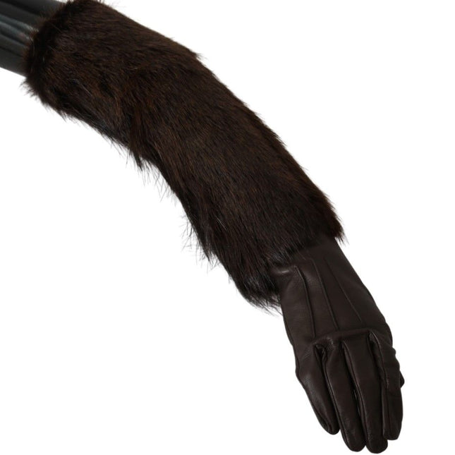 Dolce & Gabbana Brown Elbow Length Mittens Leather Fur Gloves