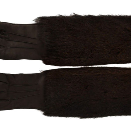 Dolce & Gabbana Brown Elbow Length Mittens Leather Fur Gloves