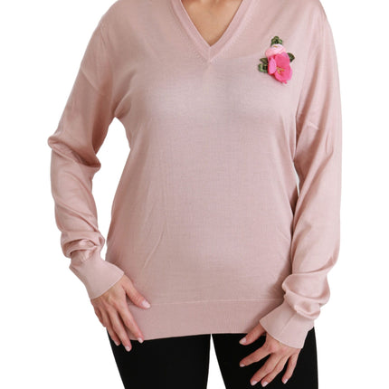 Dolce & Gabbana Pink Floral Embellished Pullover Silk Sweater