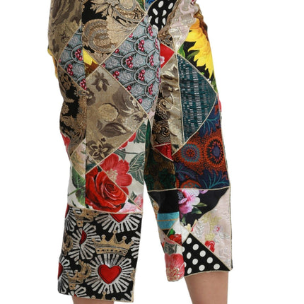 Dolce & Gabbana Silk Multicolor Print High Waist Cropped Pants