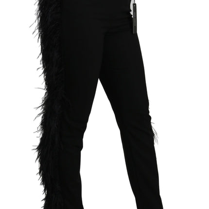 Dolce & Gabbana Black Feather Straight High Waist Wool Pants