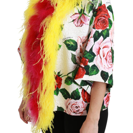 Dolce & Gabbana White Floral Coat Capte Fur Roses Jacket