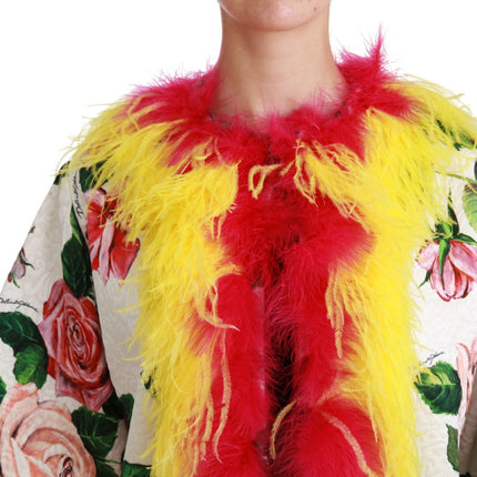 Dolce & Gabbana White Floral Coat Capte Fur Roses Jacket