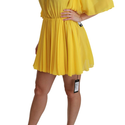 Dolce & Gabbana Yellow Pleated A-line Mini 100% Silk Dress
