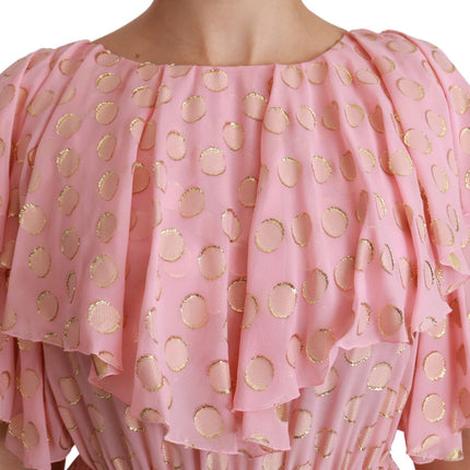 Dolce & Gabbana Silk Pink Polka Dots Pleated A-line Midi Dress
