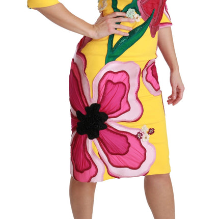 Dolce & Gabbana Yellow Floral Crystal Bodycon Sheath Dress