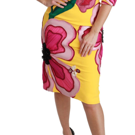 Dolce & Gabbana Yellow Floral Crystal Bodycon Sheath Dress
