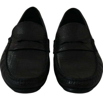 Dolce & Gabbana Black Lizard Leather Flat Loafers Shoes