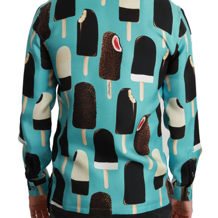 Dolce & Gabbana Blue Silk Ice Cream Print Casual Shirt