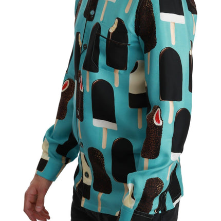 Dolce & Gabbana Blue Silk Ice Cream Print Casual Shirt
