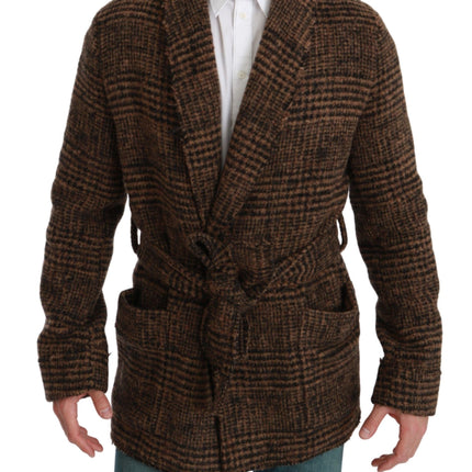 Dolce & Gabbana Brown Checkered Wool Robe Coat  Wrap Jacket