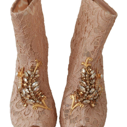Dolce & Gabbana Pink Crystal Lace Booties Stilettos Shoes