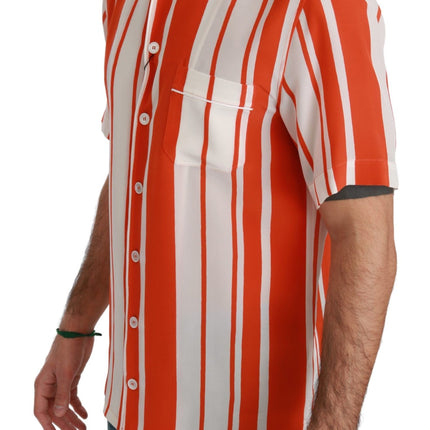Dolce & Gabbana Orange Silk Striped Short Sleeve White Shirt