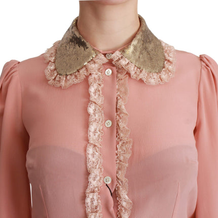 Dolce & Gabbana Pink Silk Gold Sequin Lace Blouse Shirt