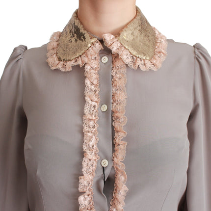 Dolce & Gabbana Gray Silk Gold Sequin Lace Blouse Shirt