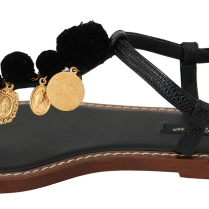Dolce & Gabbana Black Leather Coins Flip Flops Sandals Shoes