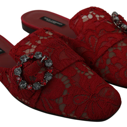 Dolce & Gabbana Red Lace Crystal Slide On Flats Shoes