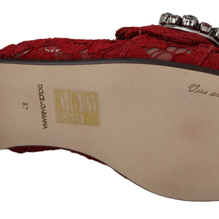Dolce & Gabbana Red Lace Crystal Slide On Flats Shoes
